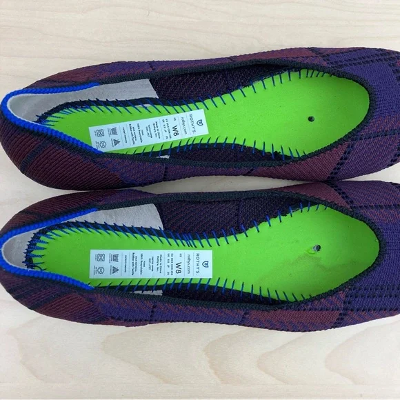 Rothys Women’s Size 8.0 The Square Toe Ballet Flat Cranberry Plaid Slip On Shoes - Picture 10 of 11